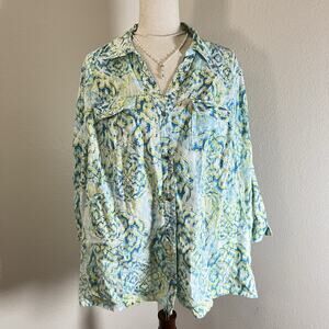 JM Collection Sz 16W 100% LINEN Blue Yellow Tropical Beach Blouse Shirt Top